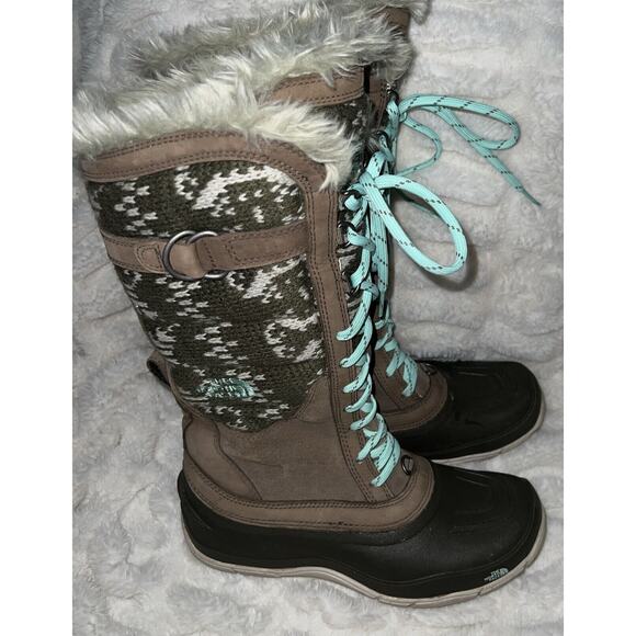 North Face Women Wool Knit + Leather Snow Outdoor Tall Boots Multicolor Brown 7 - Picture 2 of 7